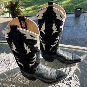Dan Post Black White Leather Suede Appliqué Cowboy Boot